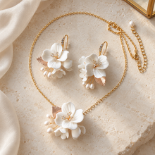 Load image into Gallery viewer, Ceramic Flower &amp; Pearl Bridal Earrings and Necklace – Gold
