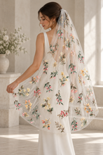 Load image into Gallery viewer, Colourful Wildflower Embroidered Bridal Veil – 100cm Fingertip Length with Silver Comb
