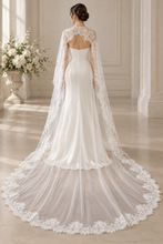 Load image into Gallery viewer, Ivory Lace Bridal Cape with Pearl Button Fastening – 300cm Cathedral Length
