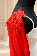 Load image into Gallery viewer, Red Chiffon Bridal Cape with Lace Details on Shoulders - 200cm
