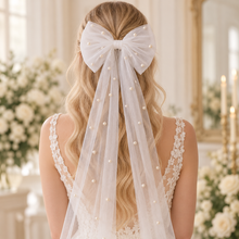 Load image into Gallery viewer, Pearl Tulle Hair Bow with Long Tails – Bridal Bow in White, Ivory, Black or Rainbow Pearls
