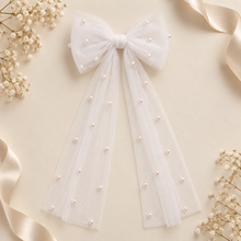 Load image into Gallery viewer, Pearl Tulle Hair Bow with Long Tails – Bridal Bow in White, Ivory, Black or Rainbow Pearls
