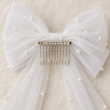 Load image into Gallery viewer, Pearl Tulle Hair Bow with Long Tails – Bridal Bow in White, Ivory, Black or Rainbow Pearls

