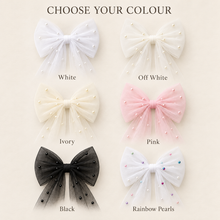 Load image into Gallery viewer, Pearl Tulle Hair Bow with Long Tails – Bridal Bow in White, Ivory, Black or Rainbow Pearls
