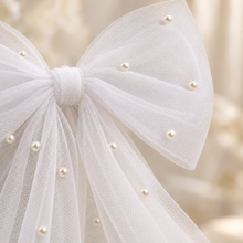 Load image into Gallery viewer, Pearl Tulle Hair Bow with Long Tails – Bridal Bow in White, Ivory, Black or Rainbow Pearls
