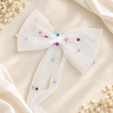 Load image into Gallery viewer, Pearl Tulle Hair Bow with Long Tails – Bridal Bow in White, Ivory, Black or Rainbow Pearls
