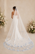 Load image into Gallery viewer, Handmade 3D Blue Embroidered Floral Wedding Veil | Cathedral Length | White &amp; Ivory
