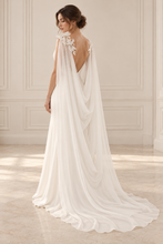 Load image into Gallery viewer, Ivory Chiffon Bridal Cape with Lace Shoulders – 300cm Cathedral Train
