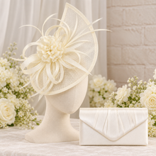 Load image into Gallery viewer, Ivory Fascinator and Satin Clutch Bag Set
