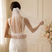 Load image into Gallery viewer, White Luxury Beaded Bridal Veil Unique Sequin Veil with Comb - 90cm
