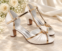 Load image into Gallery viewer, Ivory Satin T-Bar Bridal Shoes with Block Heel
