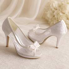 Load image into Gallery viewer, Lace Bridal Shoes with Bow | Peep Toe Stiletto Wedding Heels
