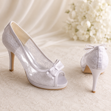 Load image into Gallery viewer, Lace Bridal Shoes with Bow | Peep Toe Stiletto Wedding Heels
