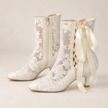 Load image into Gallery viewer, Ivory Lace Bridal Ankle Boots – Low Heel Ribbon Wedding Boots

