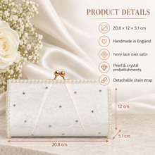 Load image into Gallery viewer, Lucinda Ivory Lace Bridal Clutch Bag with Pearls &amp; Crystals
