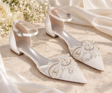 Load image into Gallery viewer, Ivory Lace Pointed Toe Bridal Flats with Pearl Appliqué
