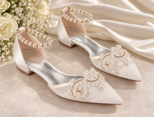 Load image into Gallery viewer, Ivory Lace Pointed Toe Bridal Flats with Pearl Appliqué

