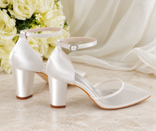 Load image into Gallery viewer, Ivory Mesh Bridal Block Heels | Pointed Toe Wedding Shoes | Customisable Base Design
