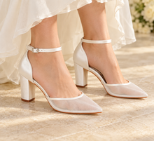 Load image into Gallery viewer, Ivory Mesh Bridal Block Heels | Pointed Toe Wedding Shoes | Customisable Base Design
