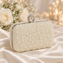 Load image into Gallery viewer, Ivory Pearl Bridal Clutch Bag – Handmade Wedding Purse with Crystal Clasp &amp; Silver Chain
