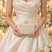 Load image into Gallery viewer, Ivory Pearl Bridal Clutch Bag – Handmade Wedding Purse with Crystal Clasp &amp; Silver Chain
