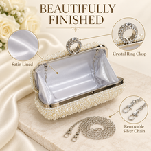 Load image into Gallery viewer, Ivory Pearl Bridal Clutch Bag – Handmade Wedding Purse with Crystal Clasp &amp; Silver Chain
