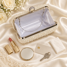 Load image into Gallery viewer, Ivory Pearl Bridal Clutch Bag – Handmade Wedding Purse with Crystal Clasp &amp; Silver Chain
