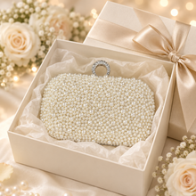 Load image into Gallery viewer, Ivory Pearl Bridal Clutch Bag – Handmade Wedding Purse with Crystal Clasp &amp; Silver Chain
