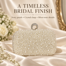 Load image into Gallery viewer, Ivory Pearl Bridal Clutch Bag – Handmade Wedding Purse with Crystal Clasp &amp; Silver Chain
