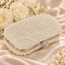 Load image into Gallery viewer, Ivory Pearl Clutch Bag – Cream Bridal Handbag with Silver Frame &amp; Removable Chain
