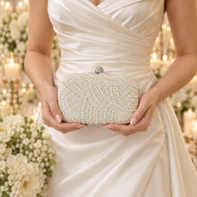 Load image into Gallery viewer, Ivory Pearl Clutch Bag – Cream Bridal Handbag with Silver Frame &amp; Removable Chain
