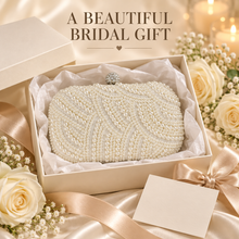 Load image into Gallery viewer, Ivory Pearl Clutch Bag – Cream Bridal Handbag with Silver Frame &amp; Removable Chain
