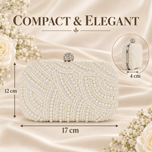 Load image into Gallery viewer, Ivory Pearl Clutch Bag – Cream Bridal Handbag with Silver Frame &amp; Removable Chain
