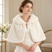 Load image into Gallery viewer, Ivory Plush Bridal Cape with Ribbon Tie – One Size – Sale
