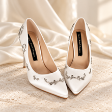 Load image into Gallery viewer, Ivory Satin Bridal Heels with Silver Vines | Beauty and the Beast Inspired
