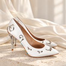 Load image into Gallery viewer, Ivory Satin Bridal Heels with Silver Vines | Beauty and the Beast Inspired
