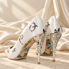 Load image into Gallery viewer, Ivory Satin Bridal Heels with Silver Vines | Beauty and the Beast Inspired

