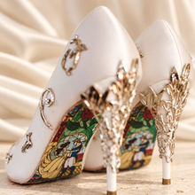 Load image into Gallery viewer, Ivory Satin Bridal Heels with Silver Vines | Beauty and the Beast Inspired
