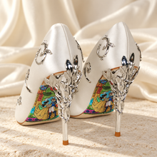 Load image into Gallery viewer, Ivory Satin Bridal Heels with Silver Vines | Beauty and the Beast Inspired
