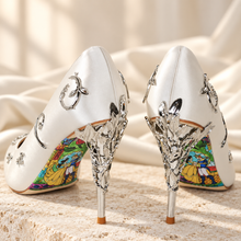 Load image into Gallery viewer, Ivory Satin Bridal Heels with Silver Vines | Beauty and the Beast Inspired
