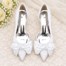 Load image into Gallery viewer, White D’Orsay Bridal Shoes with Bow – Low Block-Heel Wedding Shoes
