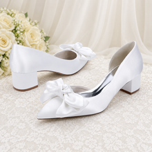 Load image into Gallery viewer, White D’Orsay Bridal Shoes with Bow – Low Block-Heel Wedding Shoes
