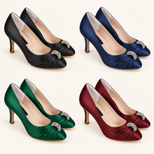 Load image into Gallery viewer, Dolly Satin Bridal Shoes – Crystal Peep Toe Wedding Heels in Custom Colours
