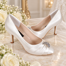 Load image into Gallery viewer, Dolly Satin Bridal Shoes – Crystal Peep Toe Wedding Heels in Custom Colours
