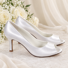 Load image into Gallery viewer, Satin Peep Toe Bridal Heels | Custom Colour Mid Heel Shoes
