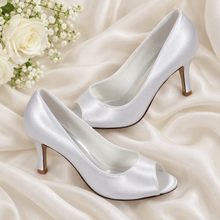 Load image into Gallery viewer, Satin Peep Toe Bridal Heels | Custom Colour Mid Heel Shoes

