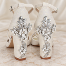 Load image into Gallery viewer, Ivory Shimmer Bridal Sandals with Silver Cherry Blossom Block Heels
