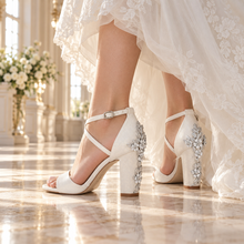 Load image into Gallery viewer, Ivory Shimmer Bridal Sandals with Silver Cherry Blossom Block Heels

