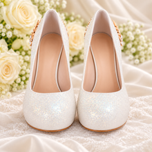 Load image into Gallery viewer, Ivory Shimmer Round-Toe Wedding Shoes with Cherry Blossom Heels

