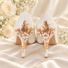 Load image into Gallery viewer, Ivory Shimmer Round-Toe Wedding Shoes with Cherry Blossom Heels
